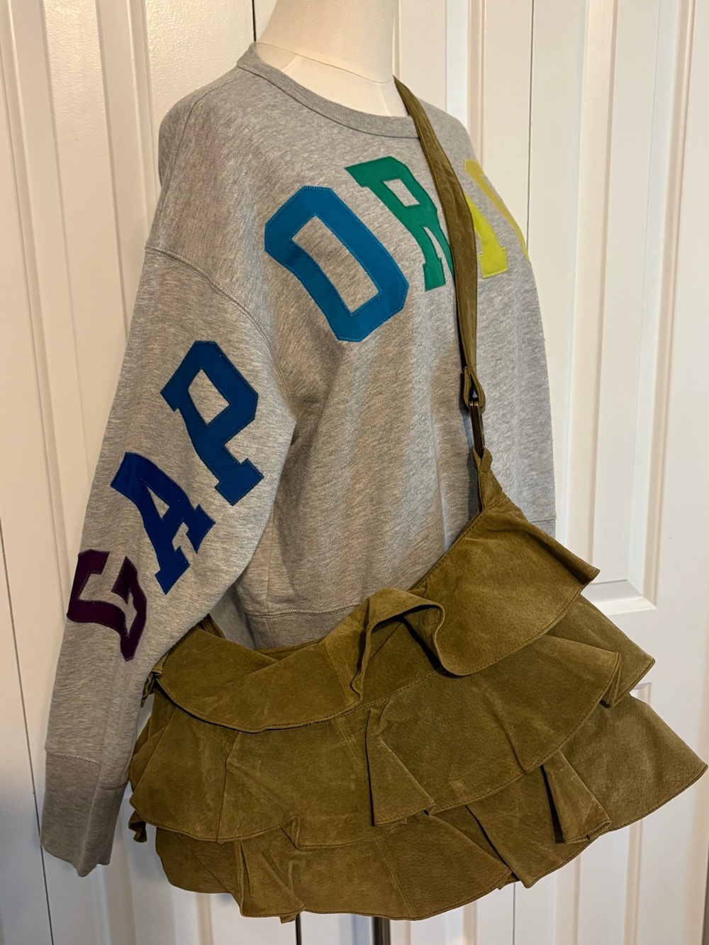 Vintage LIZDEN Olive Green Ruffled Suede Crossbody Shoulder Bag - Picture 1 of 6